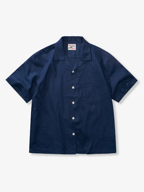 Indigo-dyed dropped shoulder cotton and linen Cuban shirt sold by Karaku