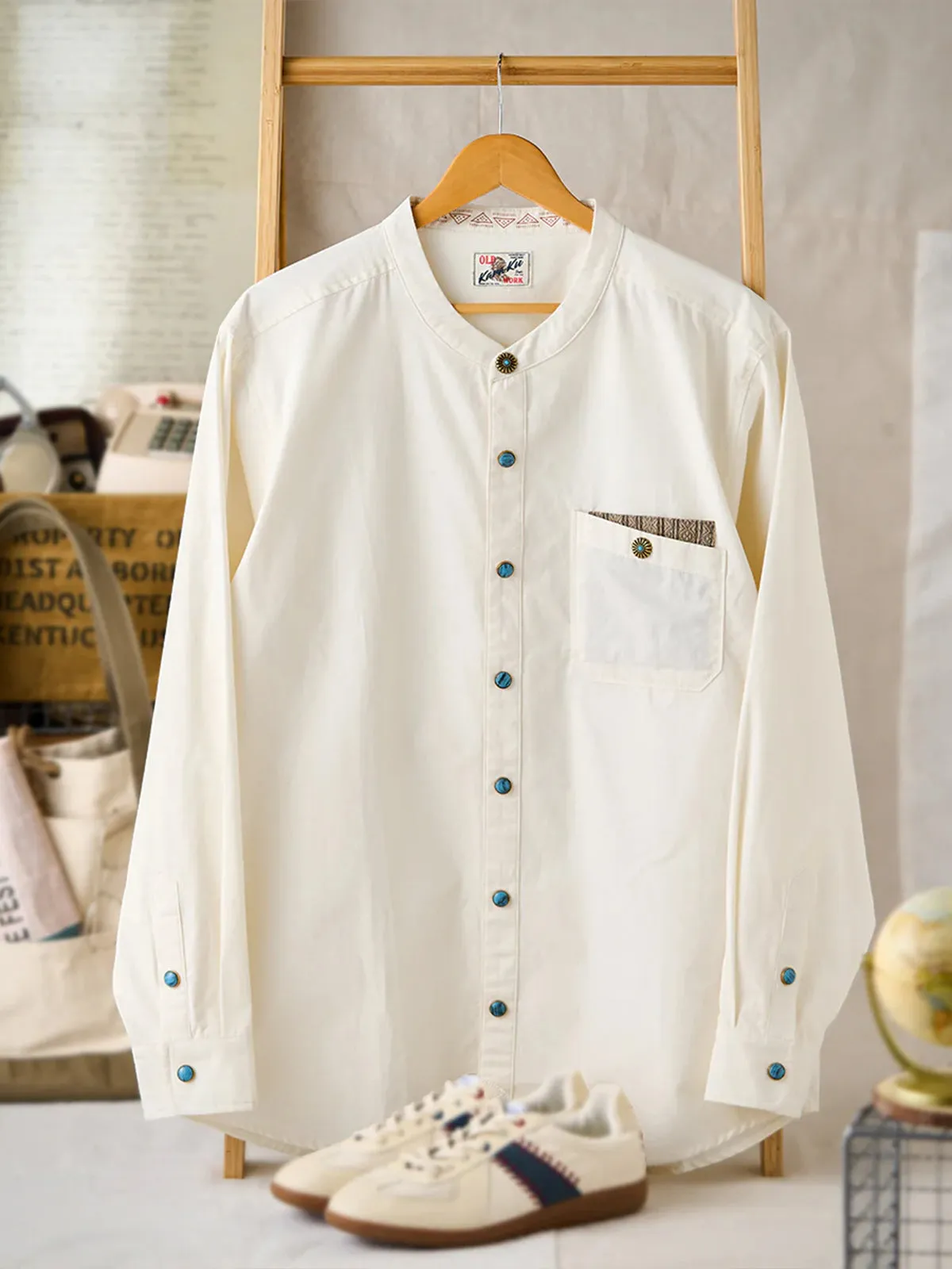 Ethnic Jacquard Turquoise Button Long Sleeve Shirt sold by Karaku product image thumbnail 3