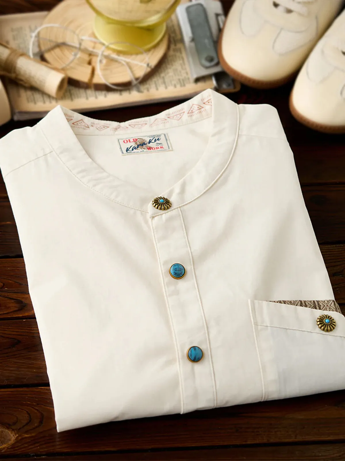 Ethnic Jacquard Turquoise Button Long Sleeve Shirt sold by Karaku product image thumbnail 5