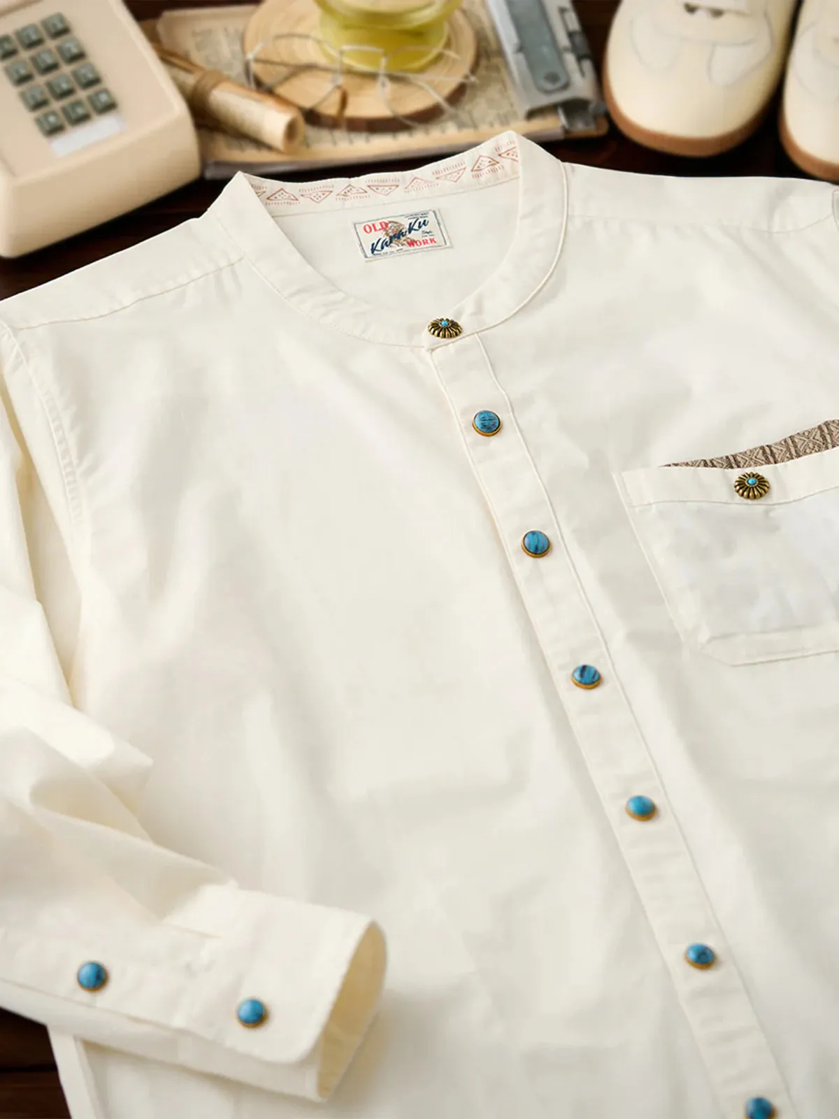 Ethnic Jacquard Turquoise Button Long Sleeve Shirt sold by Karaku product image thumbnail 4