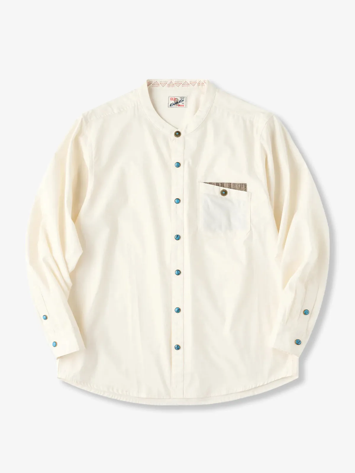 Ethnic Jacquard Turquoise Button Long Sleeve Shirt sold by Karaku