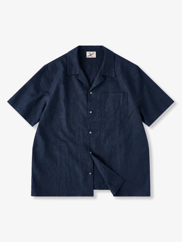 Turquoise Button Cotton & Linen Open Collar Shirt sold by Karaku