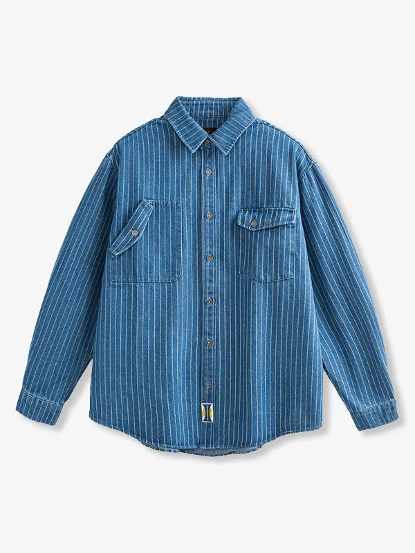 WABASH Irregular Pocket Striped Denim Shirt sold by Karaku