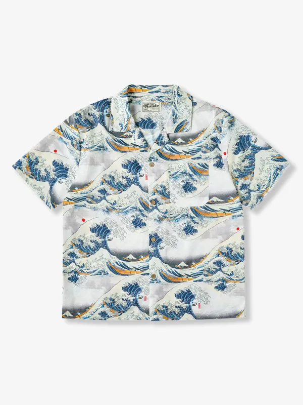 "Oki Namura Wave Riding Cat and Dog" Ukiyo-e Style Aloha Shirt sold by Karaku