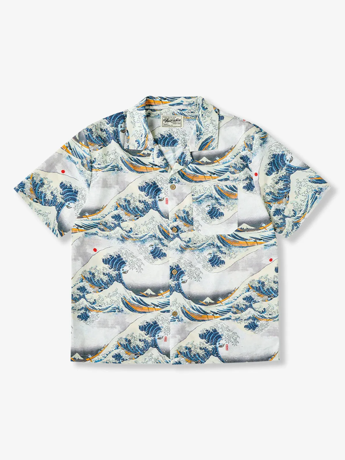 "Oki Namura Wave Riding Cat and Dog" Ukiyo-e Style Aloha Shirt sold by Karaku