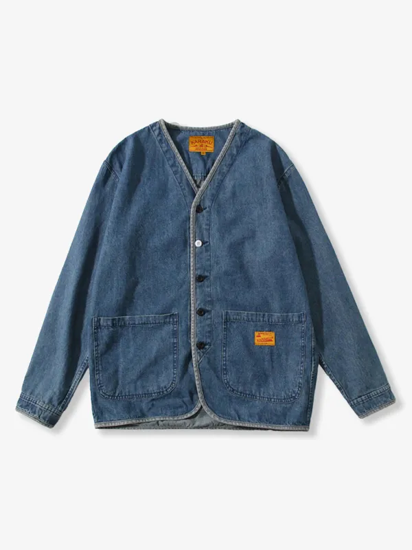Contrast Button Collarless Denim Jacket sold by Karaku
