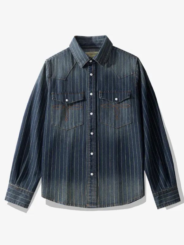 Western Yoke Wabash Stripe Denim Cotton Shirt sold by Karaku