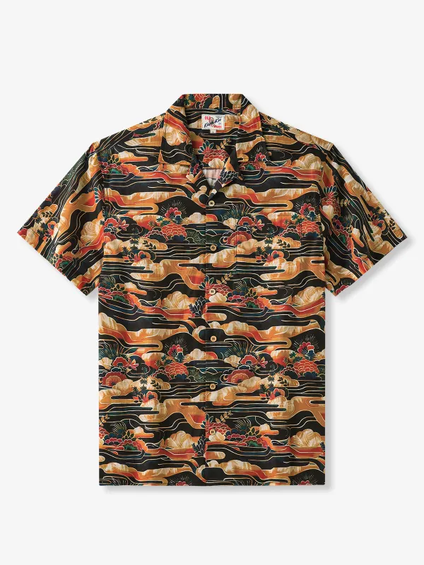 Ukiyo-e Inspired Waves & Clouds & Flowers Cotton Camp Shirt sold by Karaku