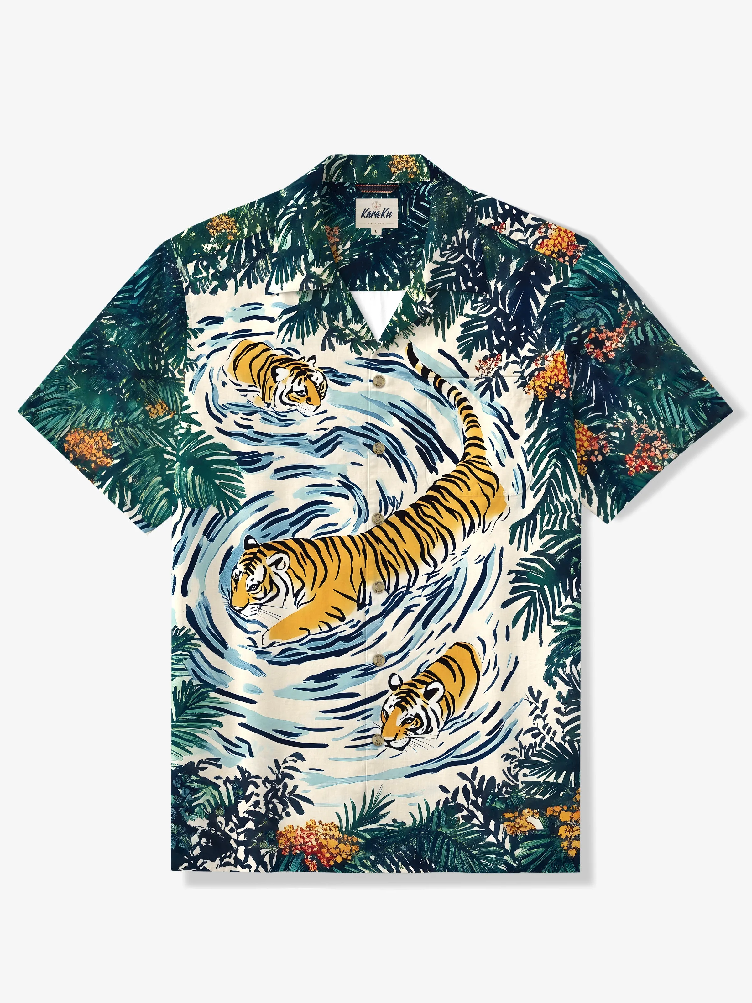 Playful Tiger & Tropical Rainforest Cotton Shirt sold by Karaku
