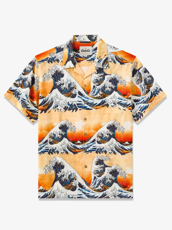 The Great Wave Sunset Cotton Camp Shirt sold by Karaku