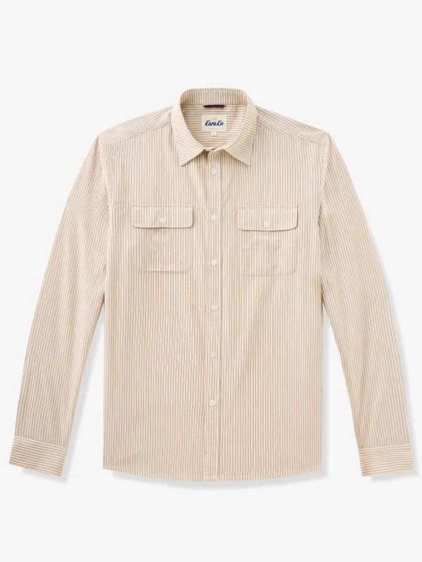 Casual Khaki Striped Double-Pocket Cotton Shirt sold by Karaku