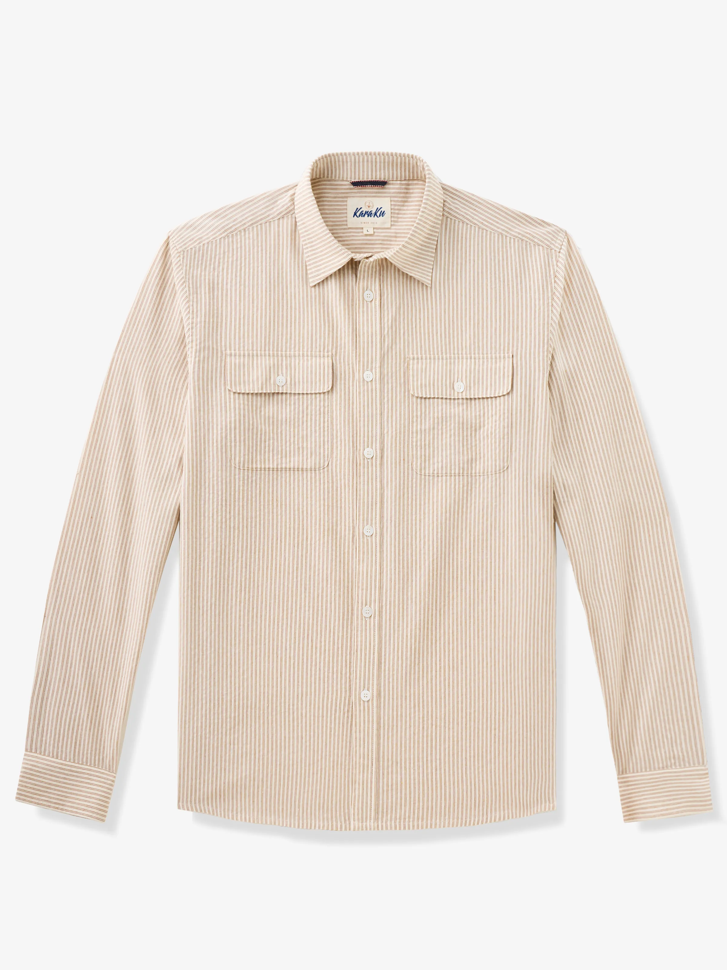 Casual Khaki Striped Double-Pocket Cotton Shirt sold by Karaku