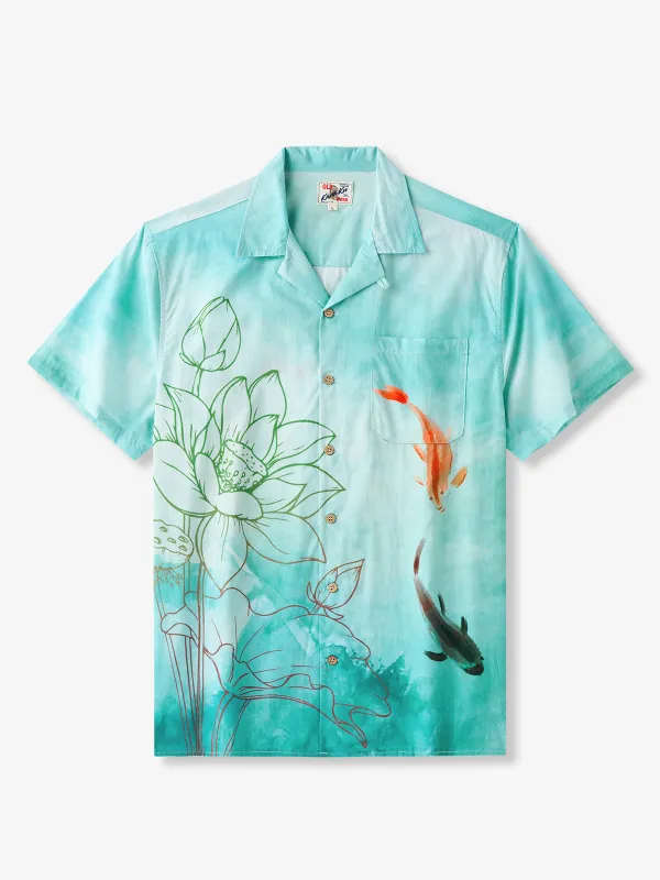 Koi & Lotus Design Cotton Camp Shirt sold by Karaku