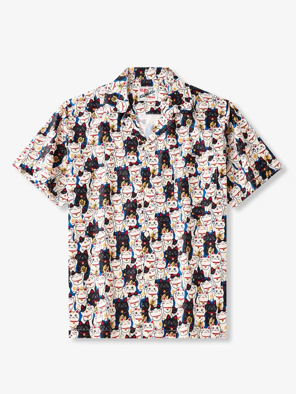 Edo Period Lucky Cat Cotton Camp Shirt sold by Karaku