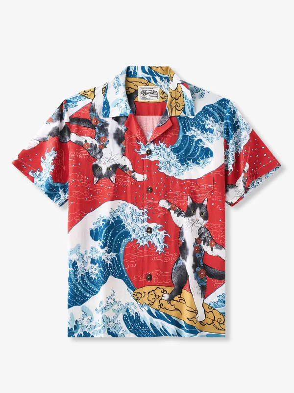 365CAT.ART Surfing Tattooed Cat Cotton Camp Shirt sold by Karaku