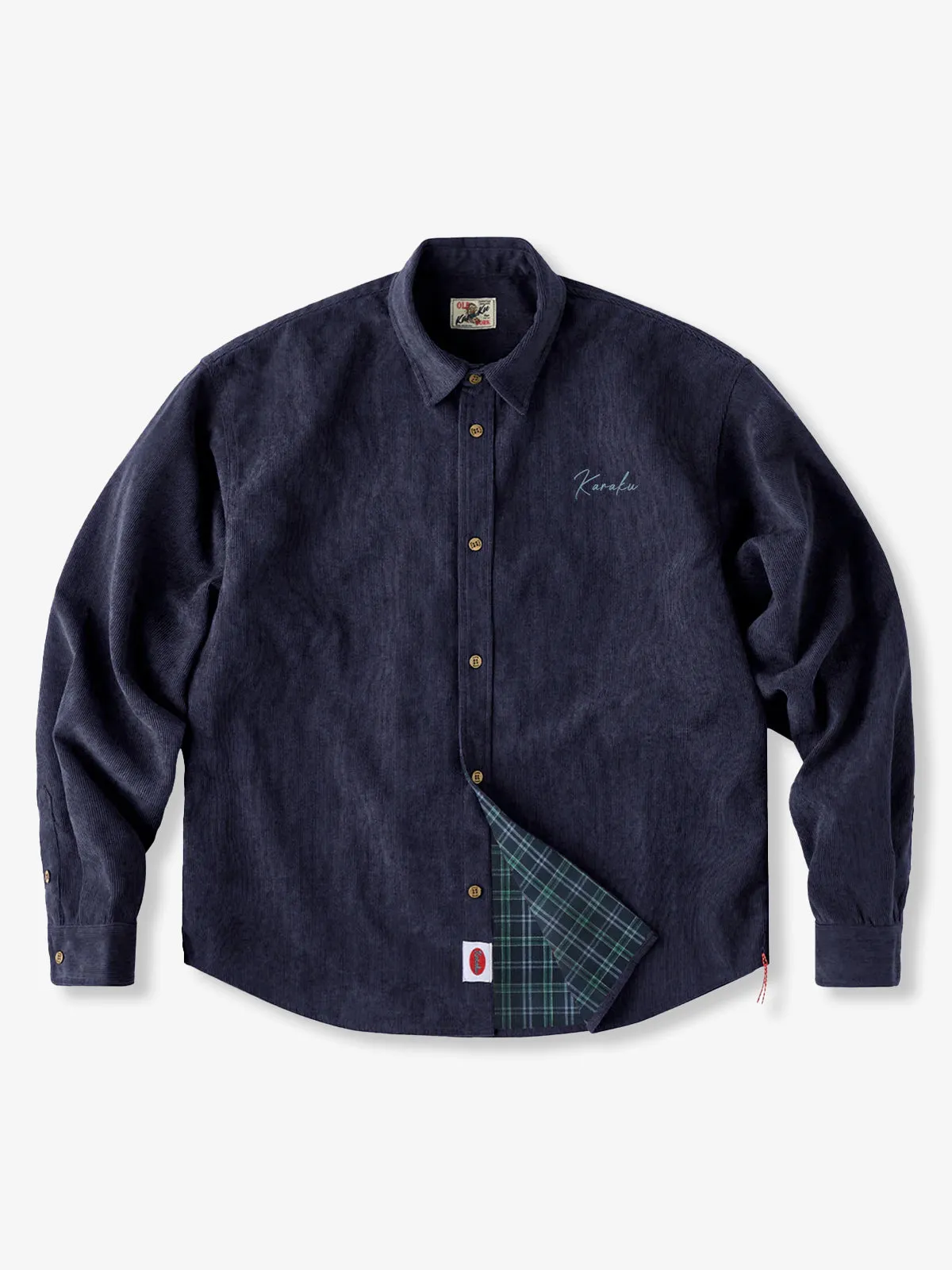 Fine-Wale Corduroy Shirt with Tartan Check Lining & Red Hem Drawcord sold by Karaku product image thumbnail 2