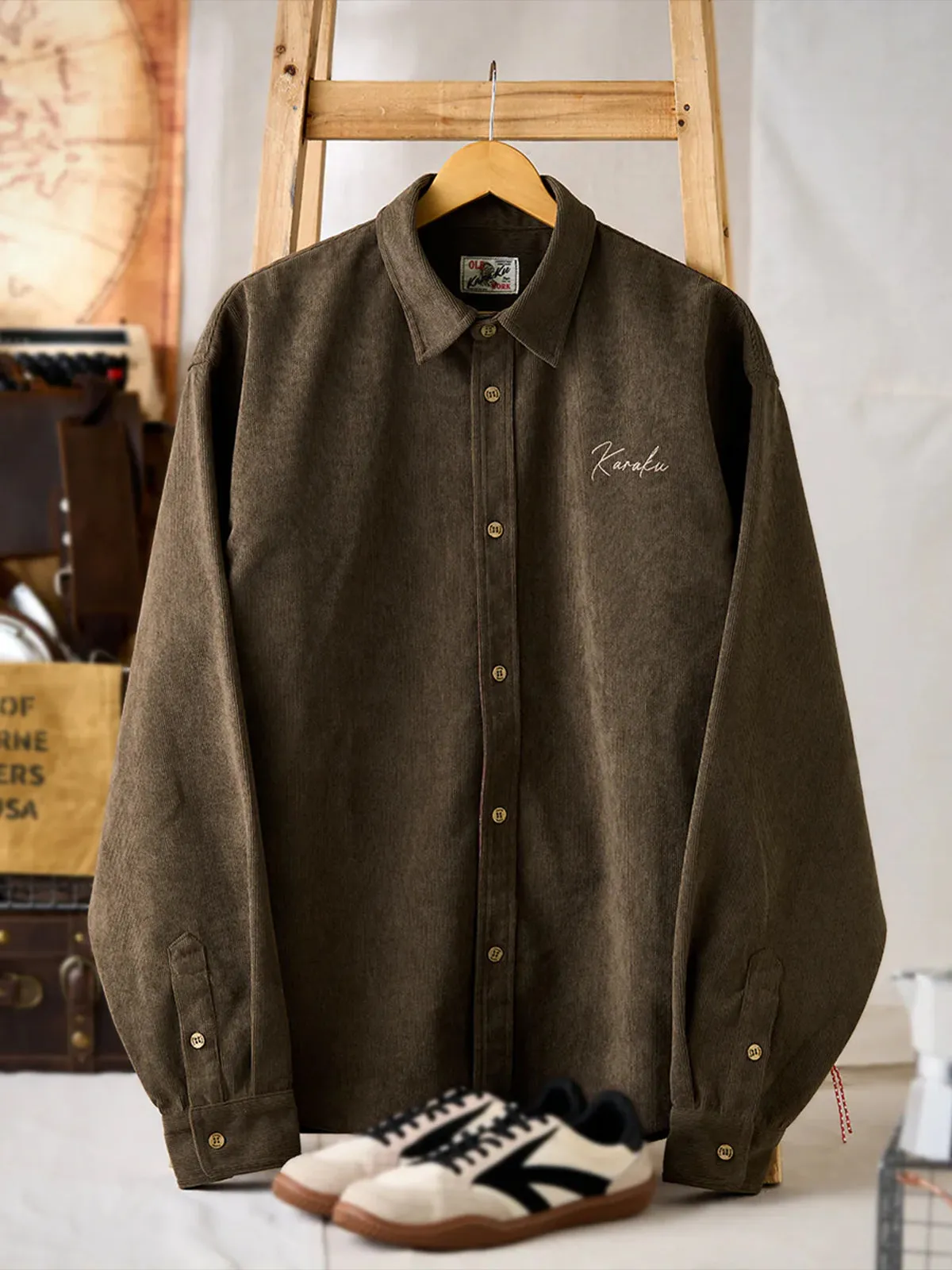 Fine-Wale Corduroy Shirt with Tartan Check Lining & Red Hem Drawcord sold by Karaku product image thumbnail 5