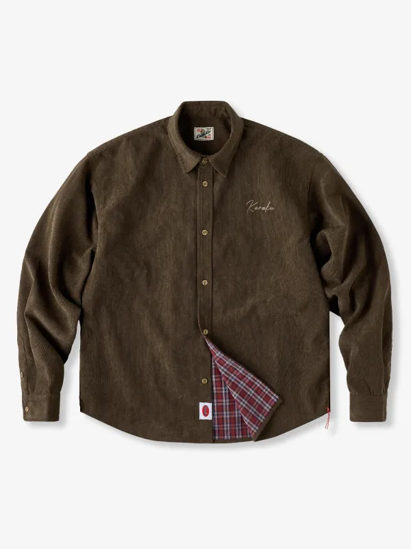 Fine-Wale Corduroy Shirt with Tartan Check Lining & Red Hem Drawcord sold by Karaku
