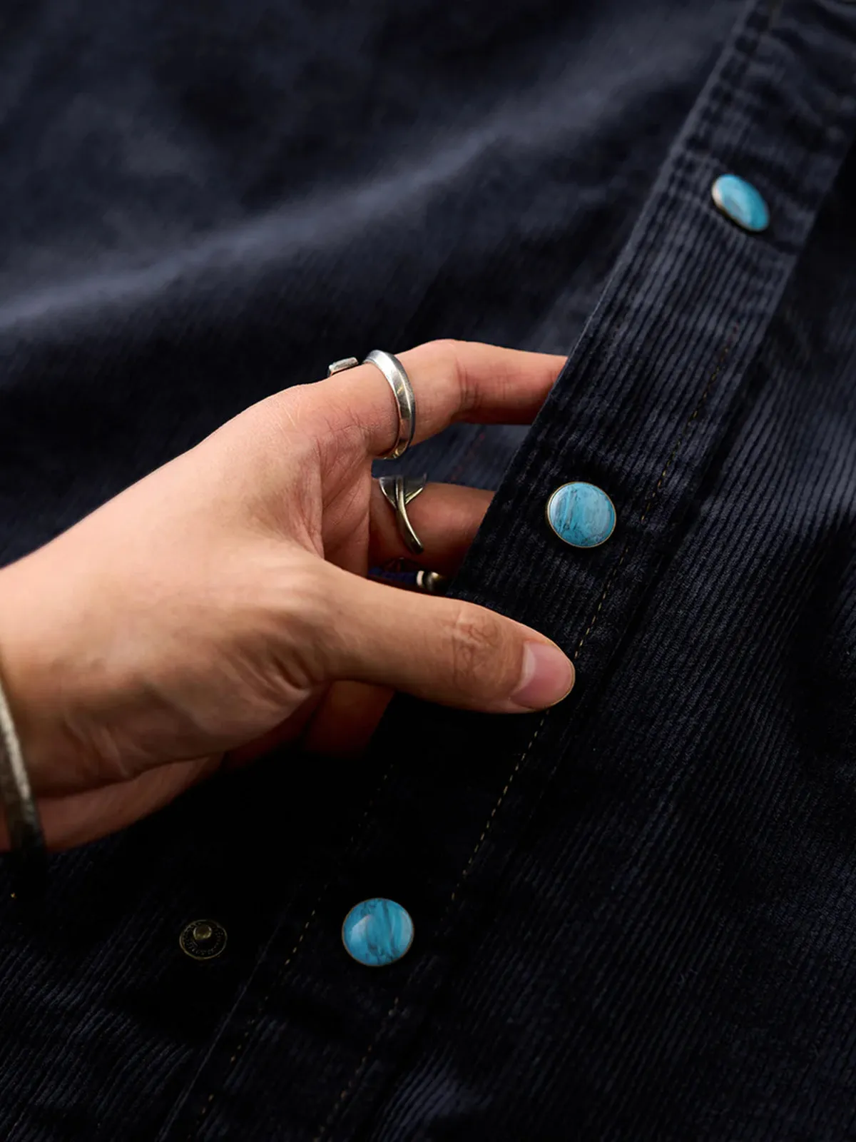 Custom Patchwork Corduroy Shirt with Turquoise-Style Buttons sold by Karaku product image thumbnail 4