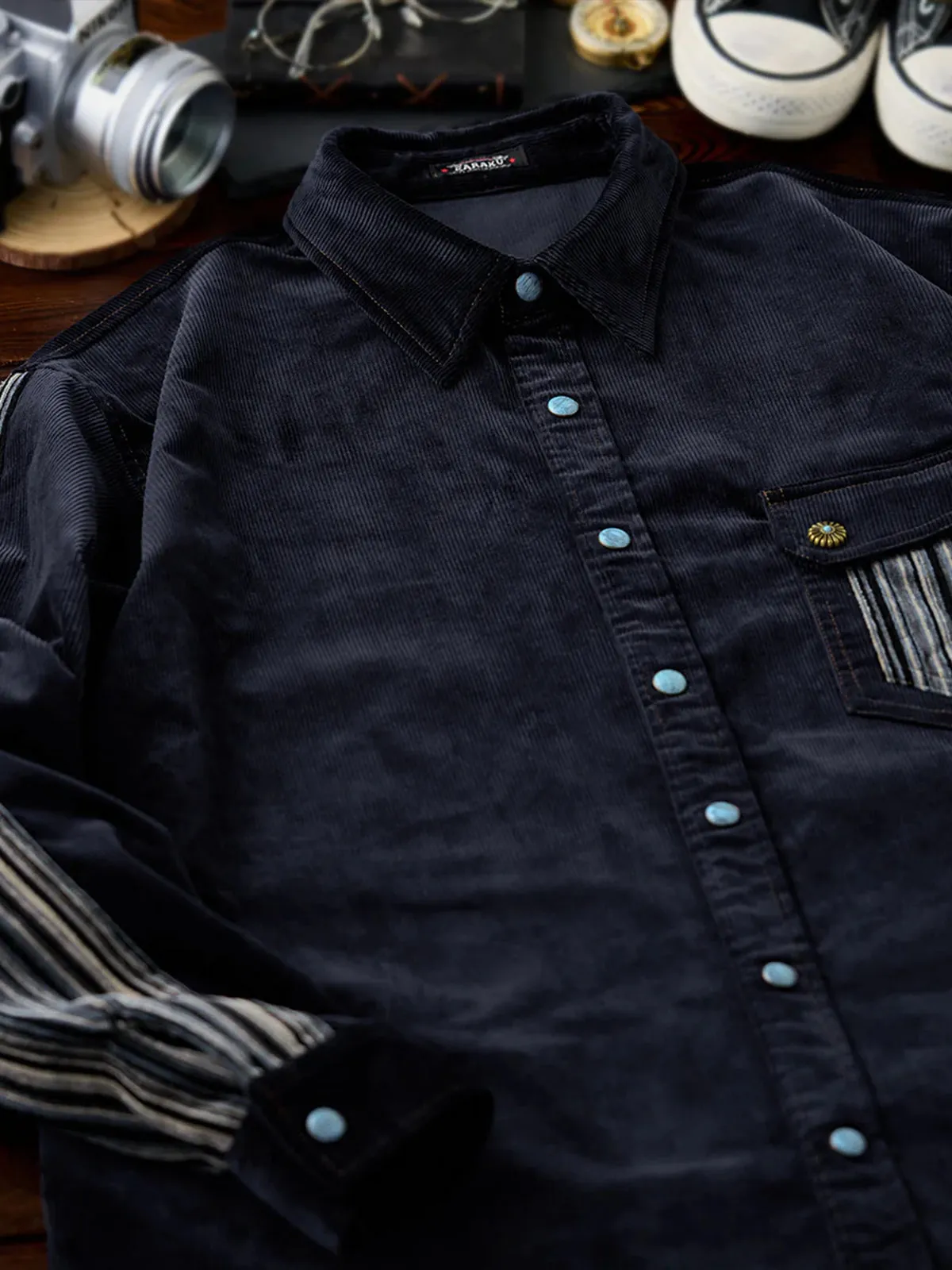 Custom Patchwork Corduroy Shirt with Turquoise-Style Buttons sold by Karaku product image thumbnail 5
