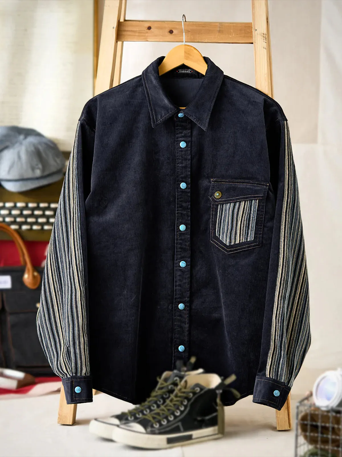 Custom Patchwork Corduroy Shirt with Turquoise-Style Buttons sold by Karaku product image thumbnail 3