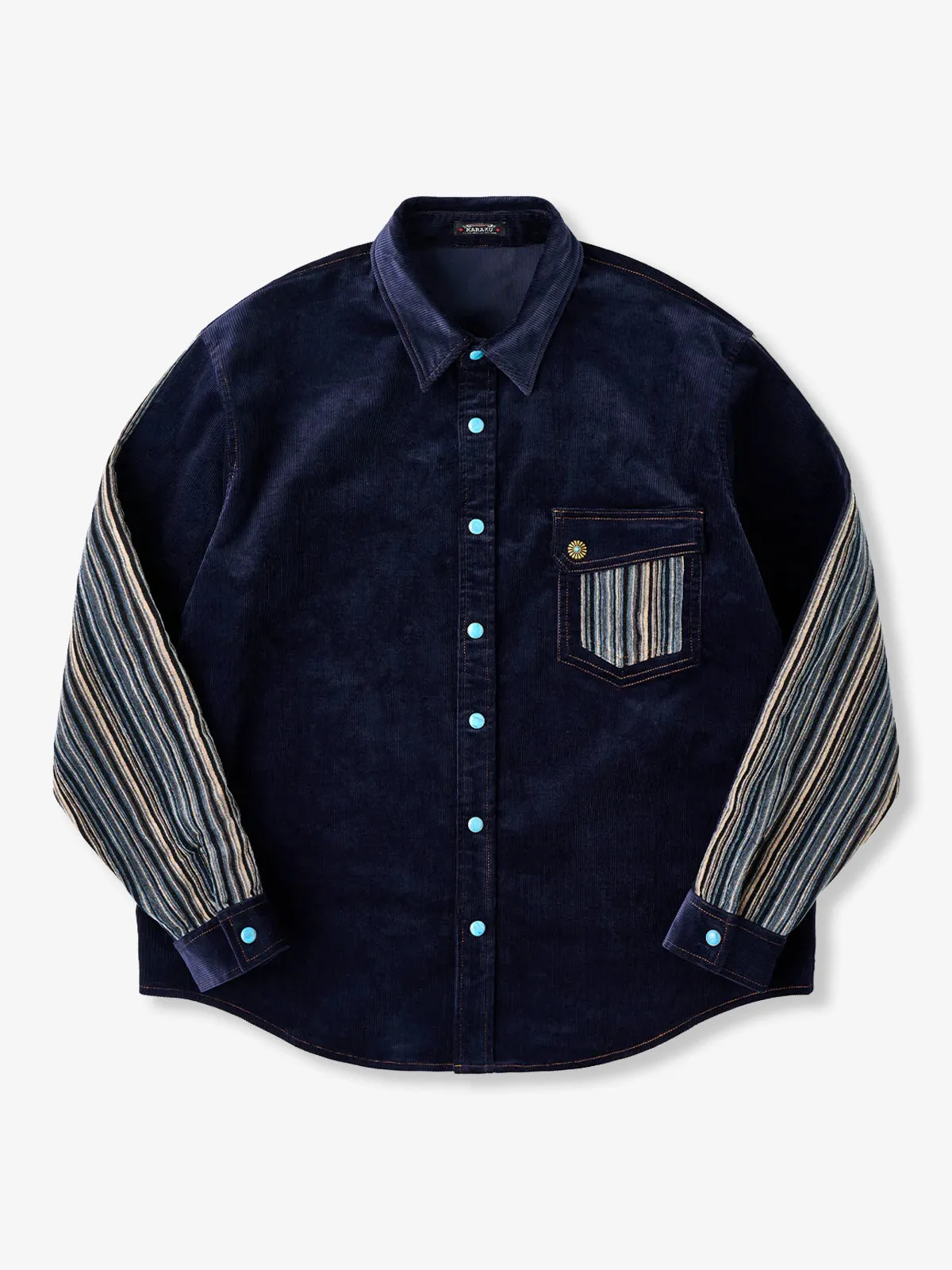 Custom Patchwork Corduroy Shirt with Turquoise-Style Buttons sold by Karaku