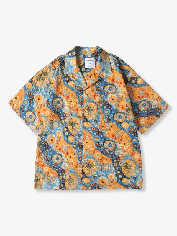“Summer Juice” Abstract Circle Print Open-Collar Aloha Shirt sold by Karaku