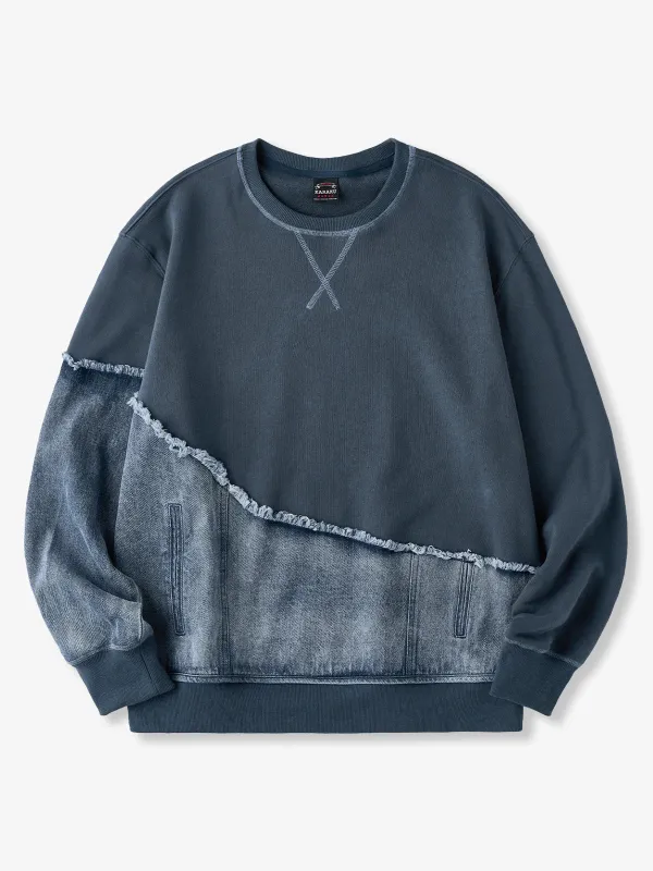 Reconstructed Washed Denim Patchwork V-Gusset Crewneck Sweatshirt sold by Karaku