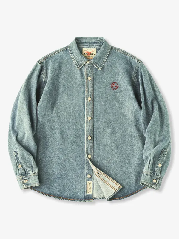[Pre-Order] “KARAKU” Logo Embroidered Washed Denim Long Sleeve Shirt sold by Karaku
