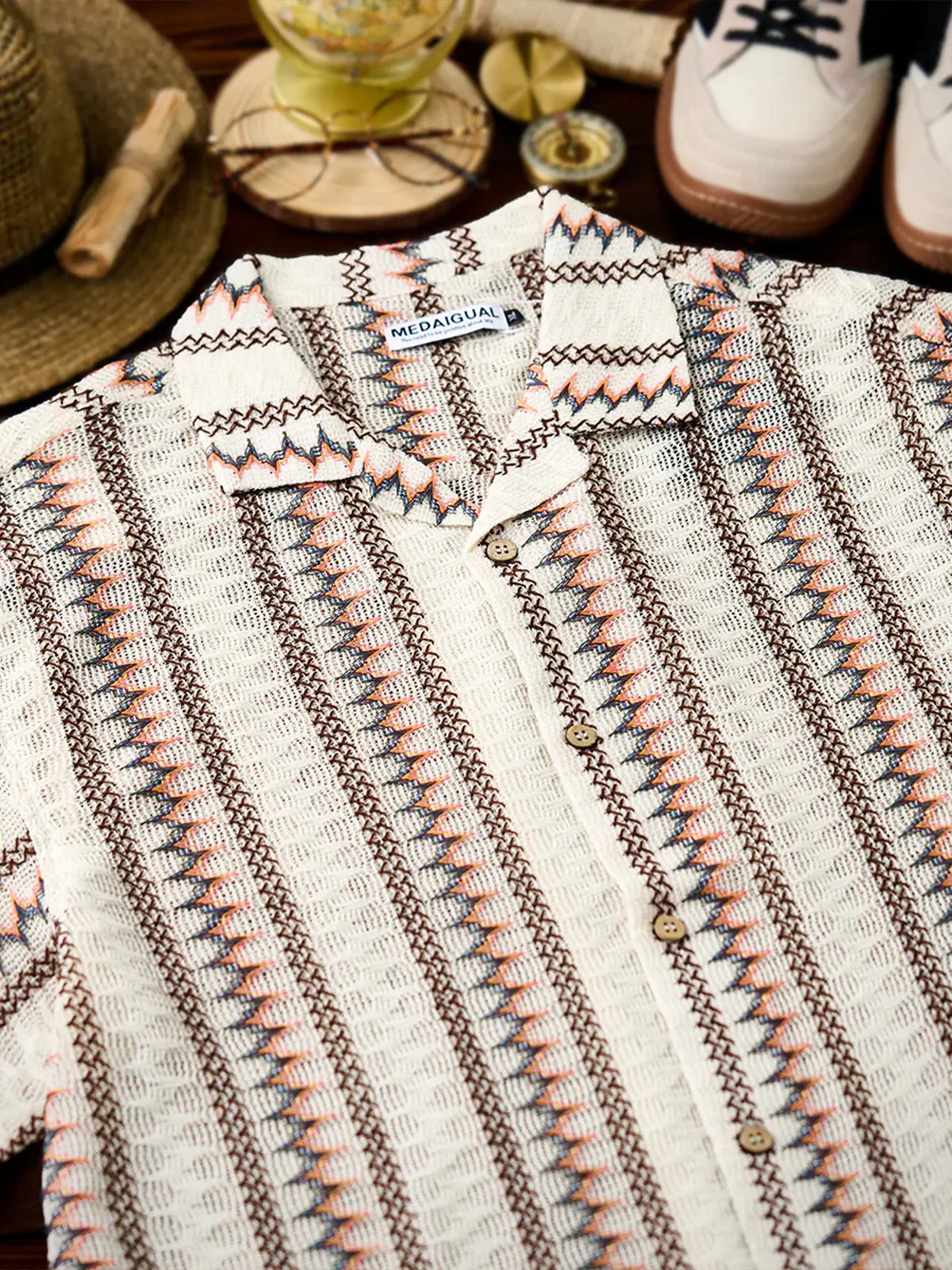 Ethnic-Style Openwork Knit Stripe Open-Collar Shirt sold by Karaku product image thumbnail 4