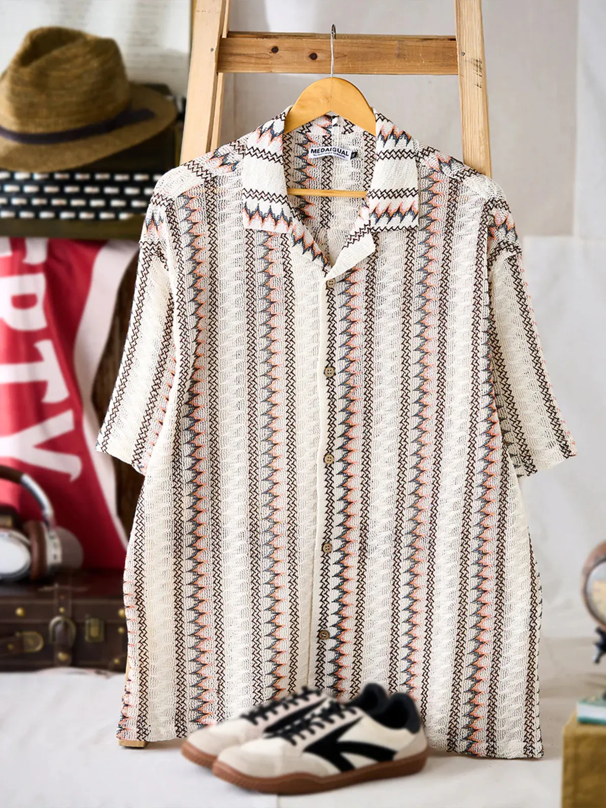 Ethnic-Style Openwork Knit Stripe Open-Collar Shirt sold by Karaku product image thumbnail 3