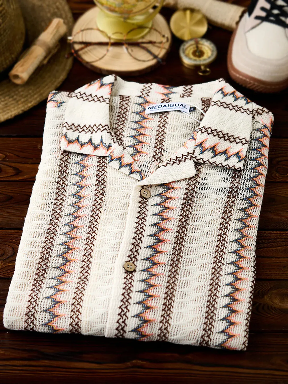 Ethnic-Style Openwork Knit Stripe Open-Collar Shirt sold by Karaku product image thumbnail 5