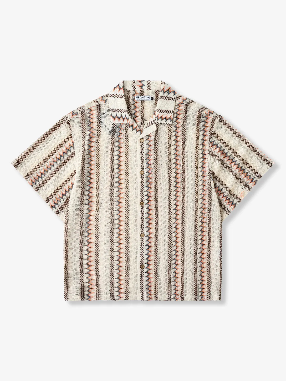Ethnic-Style Openwork Knit Stripe Open-Collar Shirt sold by Karaku