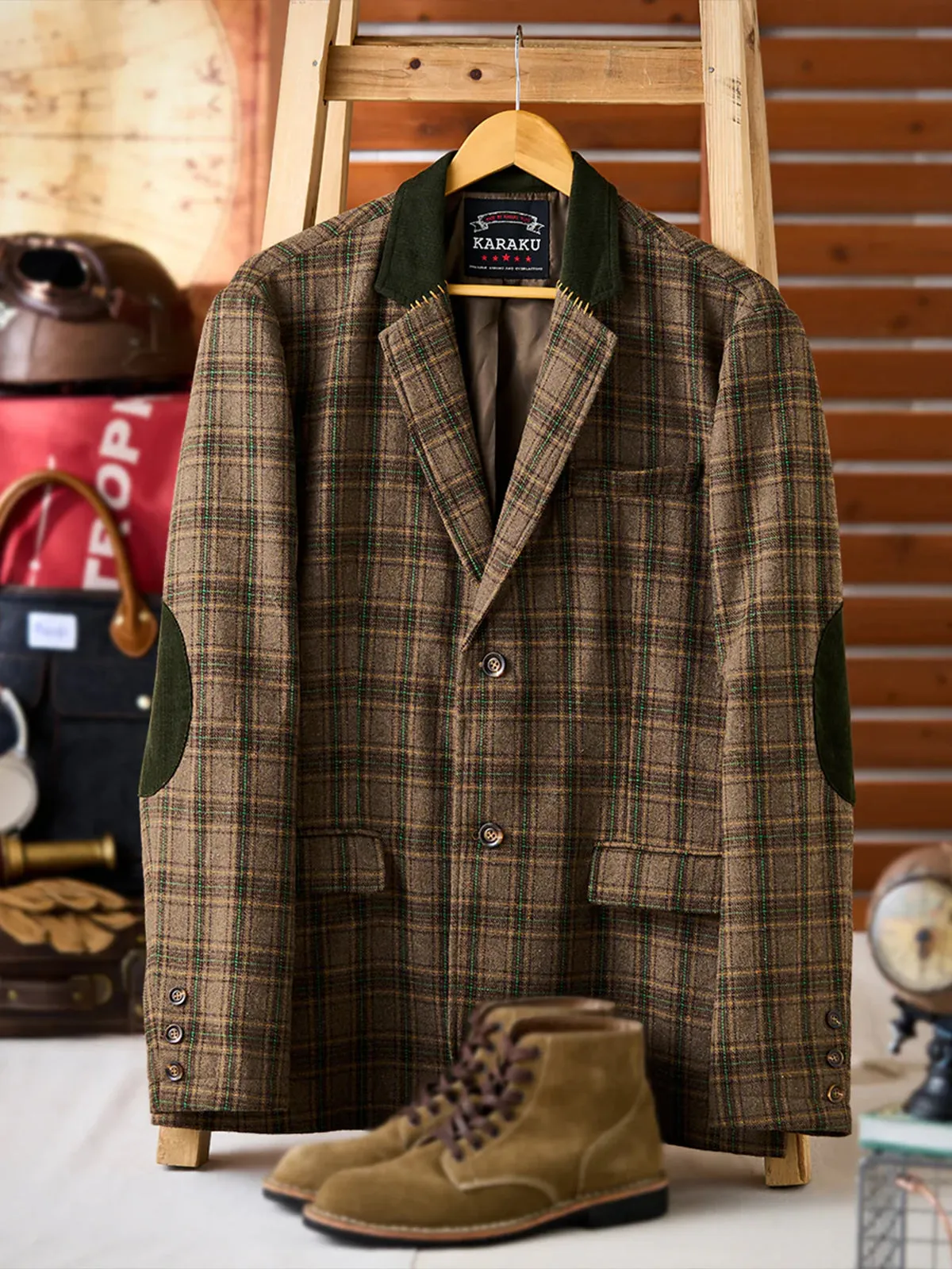 Wool Blend Check Tailored Jacket with Corduroy Collar & Elbow Patches sold by Karaku product image thumbnail 3