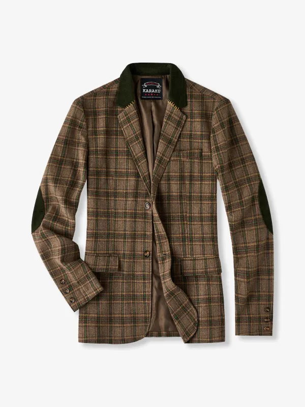 Wool Blend Check Tailored Jacket with Corduroy Collar & Elbow Patches sold by Karaku