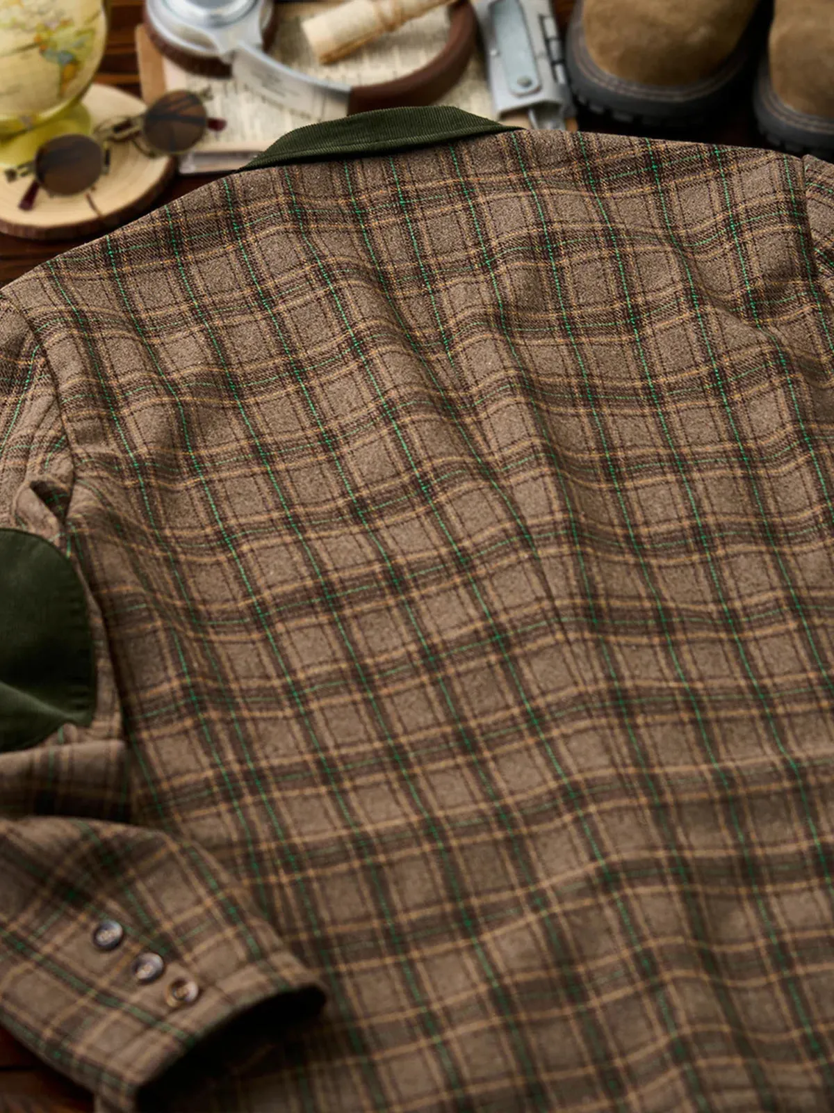 Wool Blend Check Tailored Jacket with Corduroy Collar & Elbow Patches sold by Karaku product image thumbnail 5