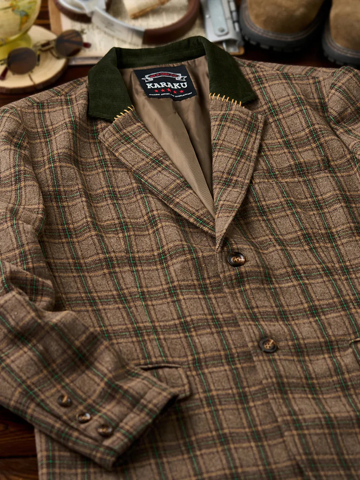 Wool Blend Check Tailored Jacket with Corduroy Collar & Elbow Patches sold by Karaku product image thumbnail 4