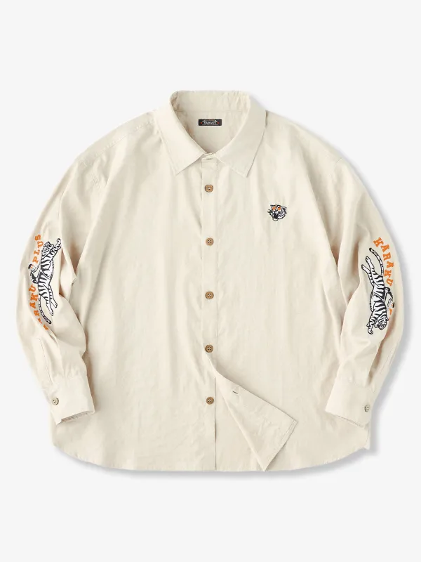 “Roaring Tiger & Skull Riders” Embroidered Peach Skin Long Sleeve Shirt sold by Karaku