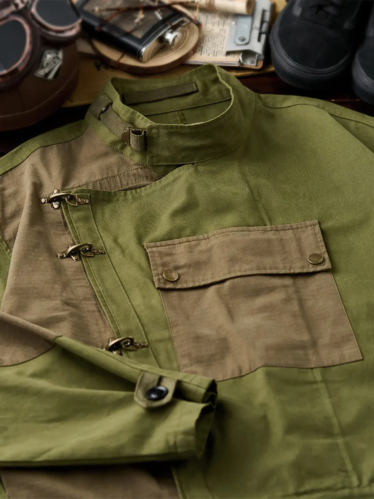 Cotton Piqué Panel Swedish Military Motorcycle Jacket with Hook Buttons sold by Karaku product image thumbnail 4