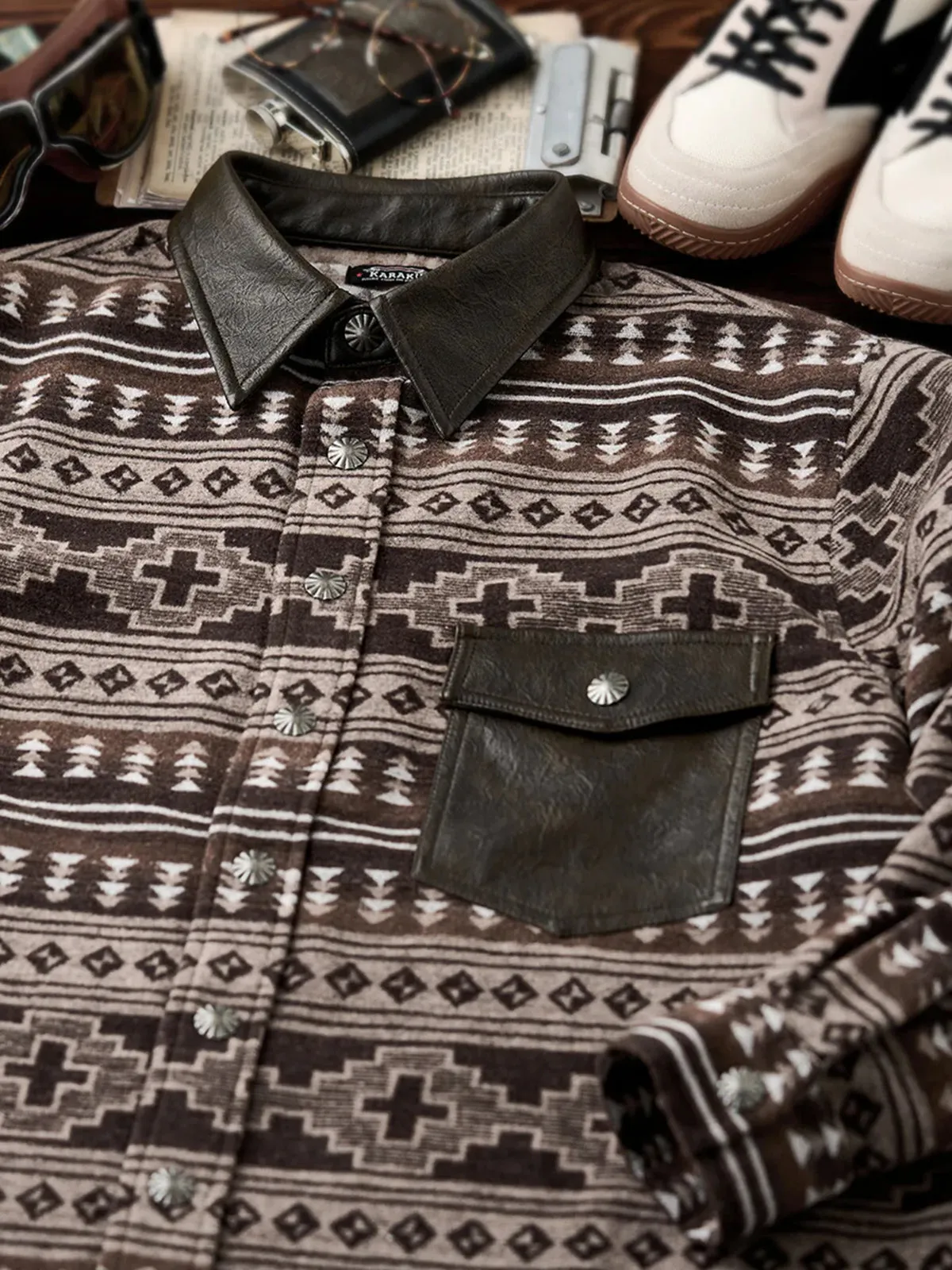 Ethnic-Inspired Wool-Blend Tweed Shirt with Leather Collar & Pocket Accents sold by Karaku product image thumbnail 4