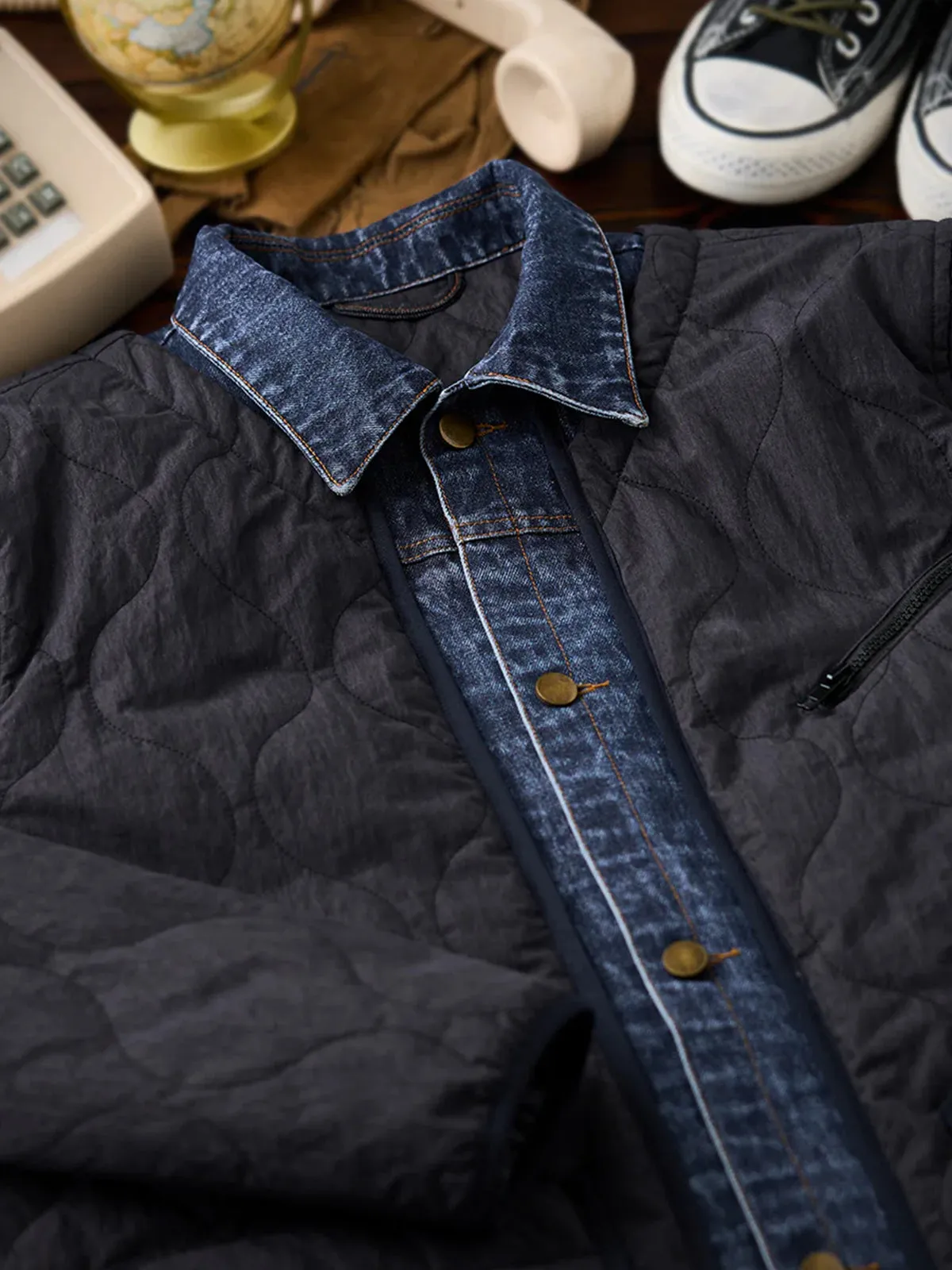 Denim Panel Faux-Layered Gourd Quilted Padded Jacket sold by Karaku product image thumbnail 4