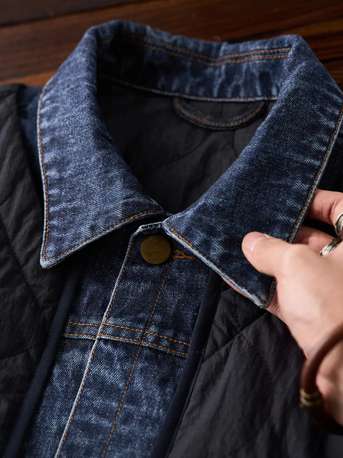 Denim Panel Faux-Layered Gourd Quilted Padded Jacket sold by Karaku product image thumbnail 5
