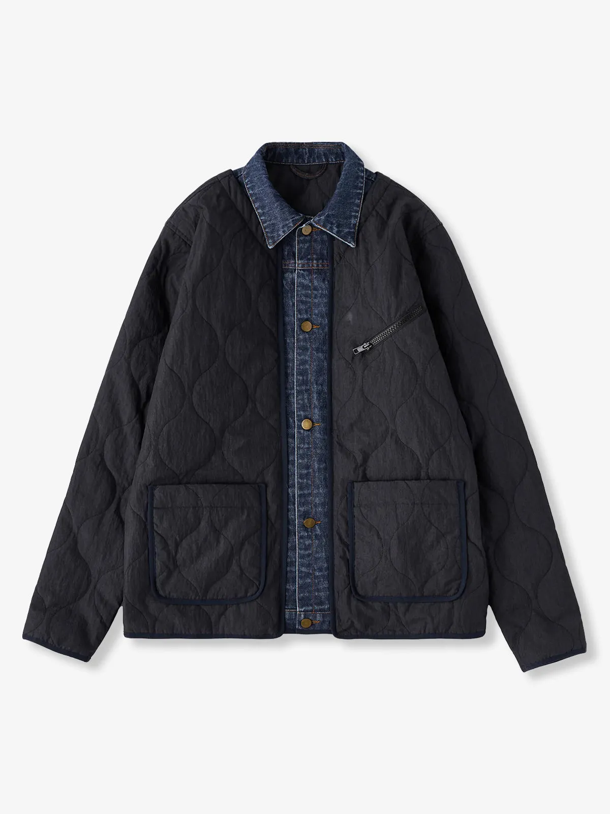 Denim Panel Faux-Layered Gourd Quilted Padded Jacket sold by Karaku