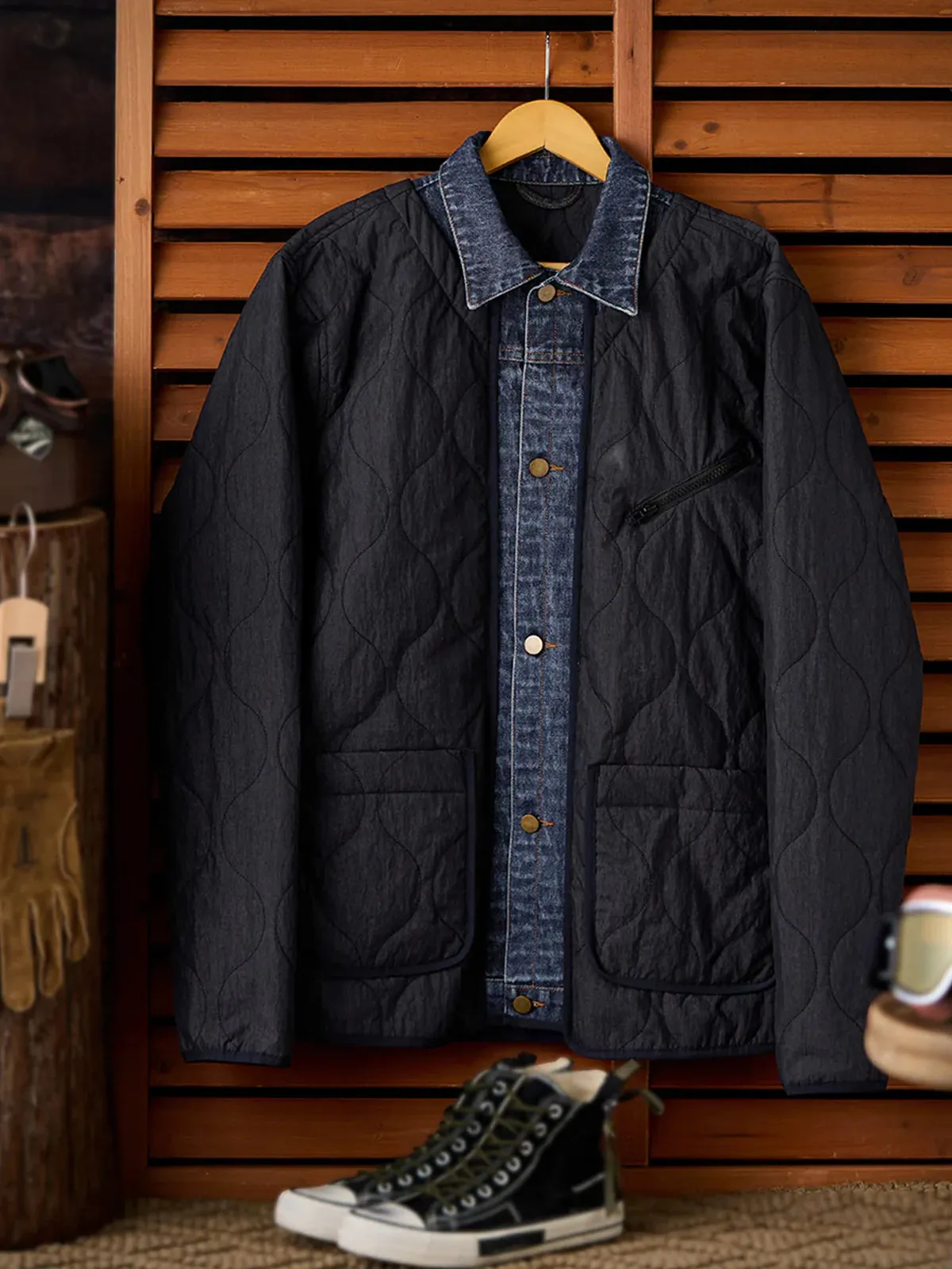 Denim Panel Faux-Layered Gourd Quilted Padded Jacket sold by Karaku product image thumbnail 3