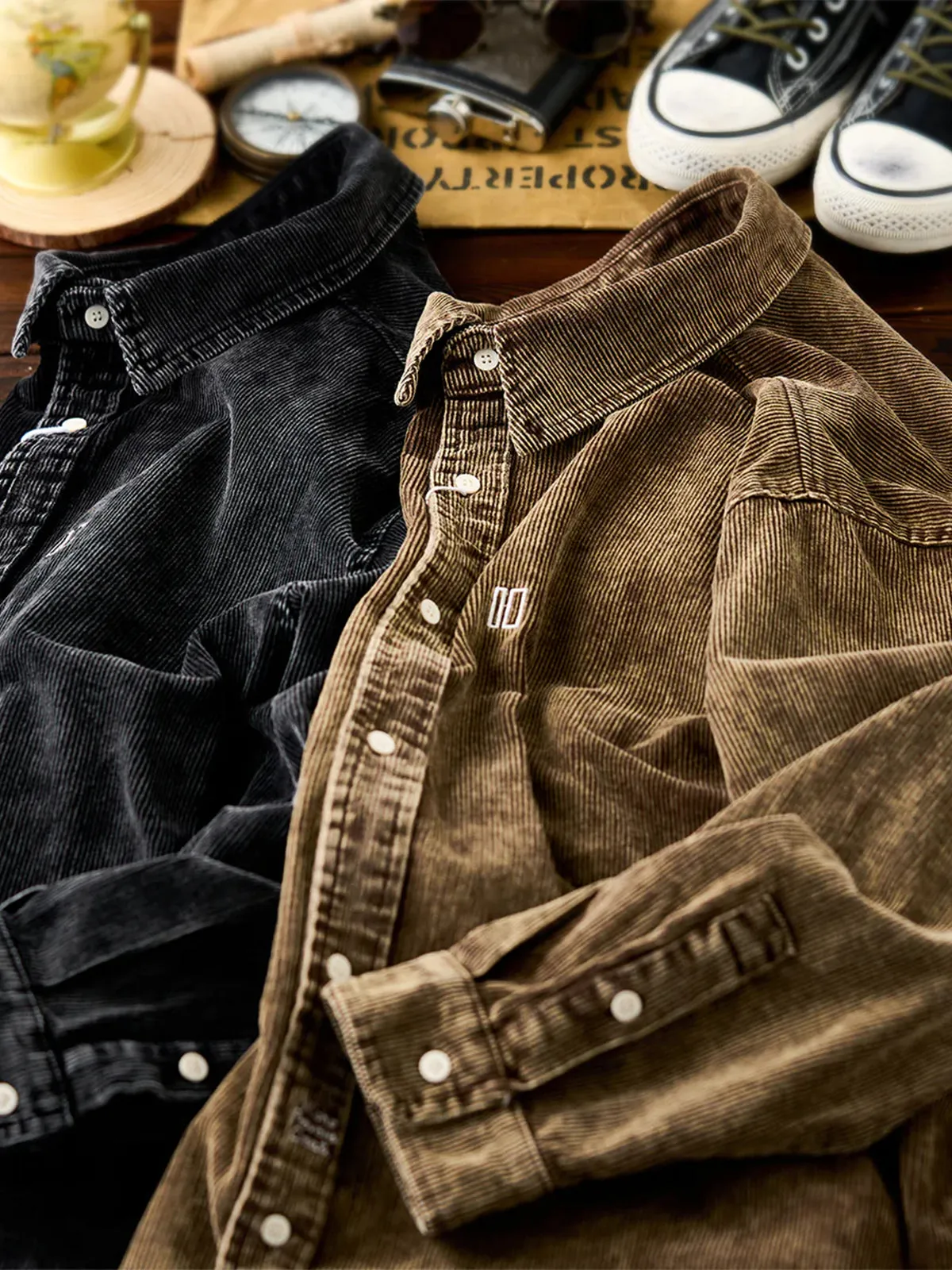 Washed Corduroy Long Sleeve Shirt with One-Point Embroidery sold by Karaku product image thumbnail 5