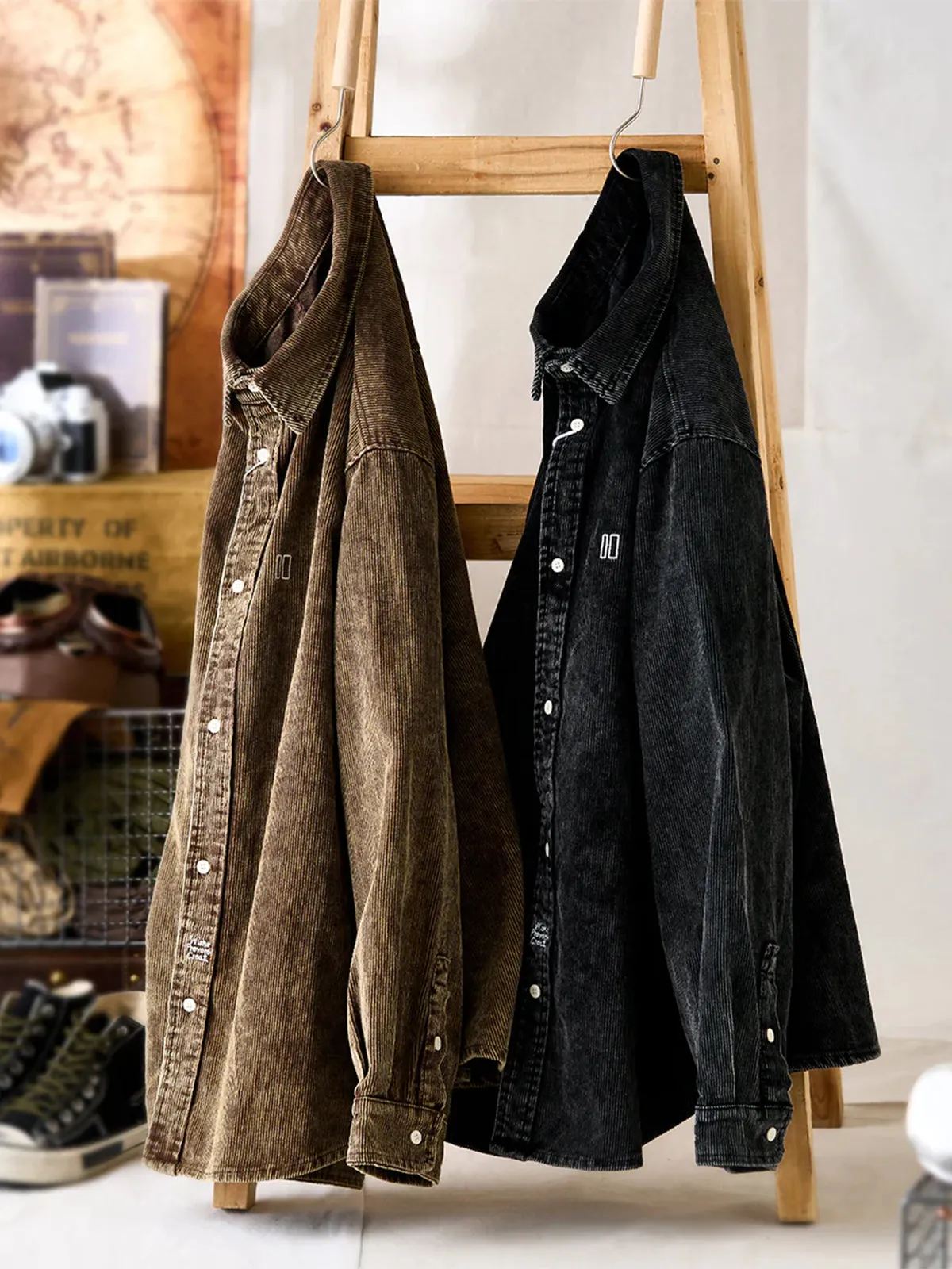 Washed Corduroy Long Sleeve Shirt with One-Point Embroidery sold by Karaku product image thumbnail 4