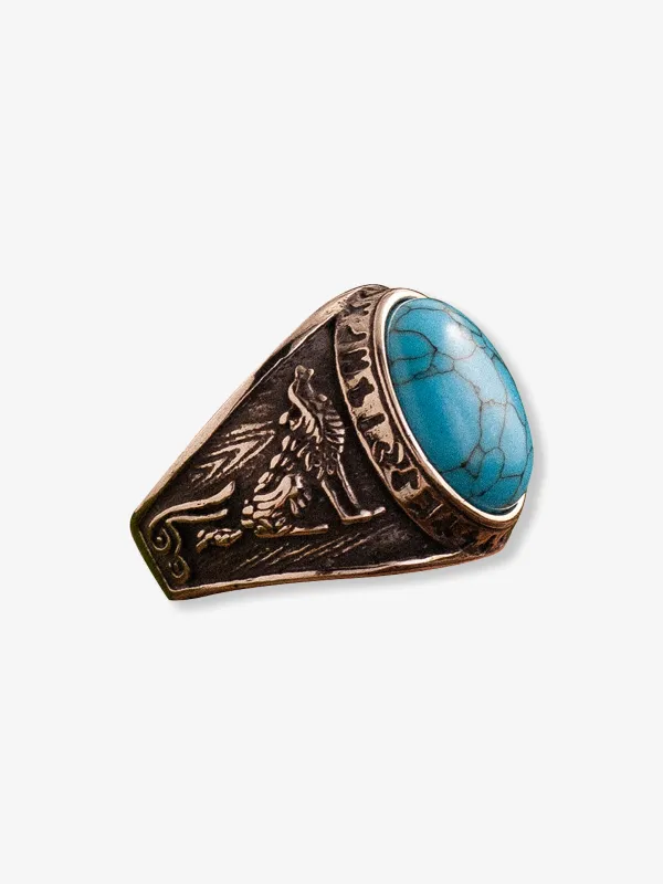 Rune & Beast Engraved Titanium Steel Ring with Turquoise sold by Karaku