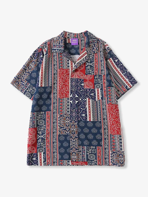 Ethnic-Style Arabesque Pattern Patchwork Open-Collar Shirt sold by Karaku