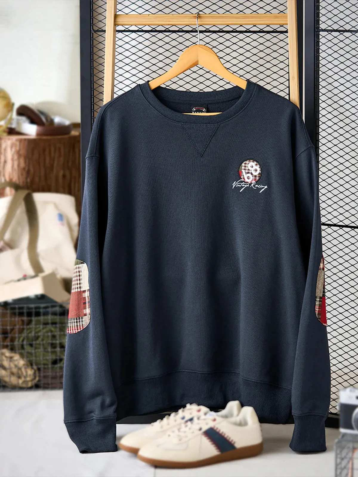 "68 Vintage Racing" Embroidered Sweatshirt with Elbow Check Patches sold by Karaku product image thumbnail 3