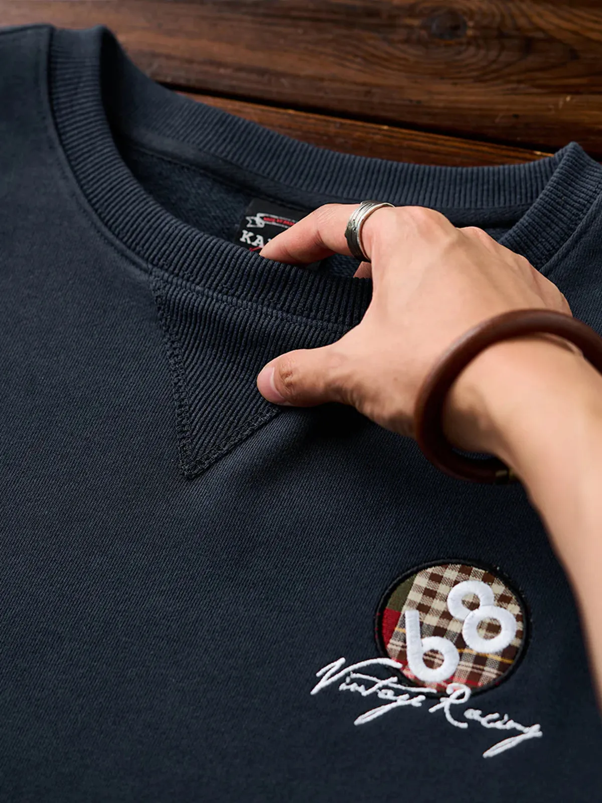 "68 Vintage Racing" Embroidered Sweatshirt with Elbow Check Patches sold by Karaku product image thumbnail 5